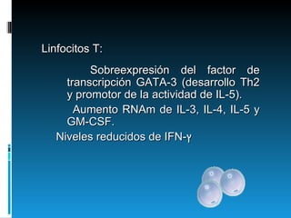 Linfocitos T: Sobreexpresión del factor de transcripción GATA-3 (desarrollo Th2 y promotor de la actividad de IL-5).  Aumento RNAm de IL-3, IL-4, IL-5 y GM-CSF. Niveles reducidos de IFN- ץ 