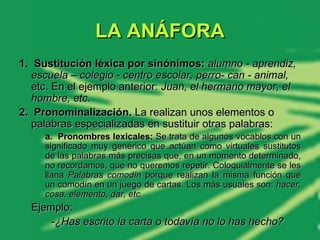 LA ANÁFORA 1.  Sustitución léxica por sinónimos:   alumno - aprendiz, escuela – colegio - centro escolar, perro- can - animal,  etc. En el ejemplo anterior:  Juan, el hermano mayor, el hombre, etc. 2.  Pronominalización.  La realizan unos elementos o palabras especializadas en sustituir otras palabras: a.  Pronombres lexicales:  Se trata de algunos vocablos con un significado muy genérico que actúan como virtuales sustitutos de las palabras más precisas que, en un momento determinado, no recordamos, que no queremos repetir. Coloquialmente se les llana  Palabras comodín  porque   realizan la misma función que un comodín en un juego de cartas. Los más usuales son:  hacer, cosa, elemento, dar, etc.   Ejemplo: -¿Has escrito la carta o todavía no lo has hecho? 