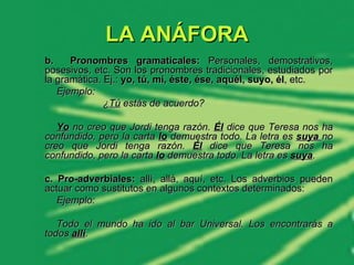 LA ANÁFORA b.  Pronombres gramaticales:  Personales, demostrativos, posesivos, etc. Son los pronombres tradicionales, estudiados por la gramática. Ej.:  yo, tú, mí, éste, ése, aquél, suyo, él , etc. Ejemplo:    ¿ Tú  estás de acuerdo?  Yo  no creo que Jordi tenga razón.  Él  dice que Teresa nos ha confundido, pero la carta  lo  demuestra todo. La letra es  suya  no creo que Jordi tenga razón.  Él  dice que Teresa nos ha confundido, pero la carta  lo  demuestra todo. La letra es  suya .     c. Pro-adverbiales:  allí, allá, aquí, etc. Los adverbios pueden actuar como sustitutos en algunos contextos determinados: Ejemplo:  Todo el mundo ha ido al bar Universal. Los encontrarás a todos  allí . 