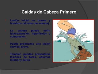  Lesión inicial en brazos y
hombros (al meter las manos).
 La cabeza puede sufrir
hiperextensión, hiperflexión o
compresión.
 Puede producirse una lesión
cervical grave.
 También pueden presentarse
lesiones de tórax, columna
inferior y pelvis
Caídas de Cabeza Primero
 
