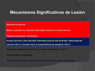 Eyección del vehículo
Muerte o paciente con alteración del estado mental en el mismo vehículo
Tiempo de extracción > 20 minutos
Volcadura
Lesión auto-peatón/auto-bicicleta con impacto significativo ( > 8 kph )
Peatón arrojado o atropellado
Choque de motocicleta > 33 kph o con separación del conductor de su unidad
Choque vehicular a alta velocidad: Velocidad inicial de más de 68 kph / deformidad del
vehículo >50 cm / intrusión hacia el compartimiento de pasajeros >30 cm
Mecanismos Significativos de Lesión
 