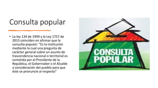 Consulta popular
• La ley 134 de 1994 y la Ley 1757 de
2015 coinciden en afirmar que la
consulta popular: “Es la institución
mediante la cual una pregunta de
carácter general sobre un asunto de
trascendencia nacional o territorial es
sometida por el Presidente de la
República, el Gobernador o el Alcalde
a consideración del pueblo para que
éste se pronuncie al respecto”
 
