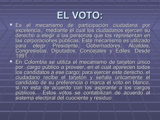 EL VOTO:EL VOTO:
 Es el mecanismo de participación ciudadana porEs el mecanismo de participación ciudadana por
excelencia, mediante el cual los ciudadanos ejercen suexcelencia, mediante el cual los ciudadanos ejercen su
derecho a elegir a las personas que los representan enderecho a elegir a las personas que los representan en
las corporaciones públicas. Este mecanismo es utilizadolas corporaciones públicas. Este mecanismo es utilizado
para elegir Presidente, Gobernadores, Alcaldes,para elegir Presidente, Gobernadores, Alcaldes,
Congresistas, Diputados, Concejales y Ediles. DesdeCongresistas, Diputados, Concejales y Ediles. Desde
1991.1991.
 En Colombia se utiliza el mecanismo de tarjetón únicoEn Colombia se utiliza el mecanismo de tarjetón único
por cargo público a proveer, en el cual aparecen todospor cargo público a proveer, en el cual aparecen todos
los candidatos a ese cargo; para ejercer este derecho, ellos candidatos a ese cargo; para ejercer este derecho, el
ciudadano recibe el tarjetón y señala únicamente elciudadano recibe el tarjetón y señala únicamente el
candidato de su preferencia o marca el voto en blanco,candidato de su preferencia o marca el voto en blanco,
si no esta de acuerdo con los aspirante a los cargossi no esta de acuerdo con los aspirante a los cargos
públicos. Estos votos se contabilizan de acuerdo alpúblicos. Estos votos se contabilizan de acuerdo al
sistema electoral del cuociente y residuosistema electoral del cuociente y residuo
 