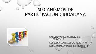 MECANISMOS DE
PARTICIPACION CIUDADANA
CARMEN YADIRA MARTINEZ C.C
1.128.447.419
LUZ ELENA GONZALEZ C.C 42.827.404
LEIDY ANDREA TORRES C.C32.297.644
 