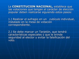 La  CONSTITUCION NACIONAL,  establece que las votaciones que tengan el carácter de elección popular deben realizarse siguiendo estos pasos: 1.) Realizar el sufragio en un  cubículo individual, instalado en la mesa de votación correspondiente. 2.) Se debe marcar un Tarjetón, que tendrá características especiales y que le brinde seguridad al elector y evitar la falsificación del voto.  
