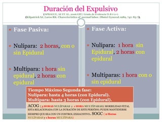 Fase Pasiva:
 Nulípara: 2 horas, con o
sin Epidural
 Multípara: 1 hora sin
epidural, 2 horas con
epidural
 Fase Activa:
 Nulípara: 1 hora sin
Epidural, 2 horas con
epidural
 Multíparas: 1 hora con o
sin epidural
Tiempo Máximo Segunda fase:
Nulípara: hasta 4 horas (con Epidural).
Multípara: hasta 3 horas (con Epidural).
Duración del Expulsivo
( SPRAGUE, AE ET AL, 2006.GPC/ Grado de Evidencia II-B ó 2+)
(Kilpatrick SJ, Laros RK. Charecteristics of normal labor. Obstet Gynecol.1989, 741: 85-7).
ACOG ( 3 HORAS NULÍPARAS y 1 HORA MULTÍPARAS): MORBILIDAD FETAL
ESTA RELACIONADA CON LA DURACIÓN DE ESTE PERIÓDO; PUEDE MANTENERSE
SIEMPRE QUE SEA CON UN CONTROL EXHAUSTIVO. SOGC ( 2 Horas
NULÍPARAS y 1 horas MULTÍPARA)
 