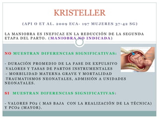 ( A P I O E T A L . 2 0 0 9 E C A - 1 9 7 M U J E R E S 3 7 - 4 2 S G )
L A M A N I O B R A E S I N E F I C A Z E N L A R E D U C C I Ó N D E L A S E G U N D A
E T A P A D E L P A R T O . ( M A N I O B R A N O I N D I C A D A )
N O M U E S T R A N D I F E R E N C I A S S I G N I F I C A T I V A S :
- D U R A C I Ó N P R O M E D I O D E L A F A S E D E E X P U L S I V O
-V A L O R E S Y T A S A S D E P A R T O S I N S T R U M E N T A L E S
-- M O R B I L I D A D M A T E R N A G R A V E Y M O R T A L I D A D
-T R A U M A T I S M O S N E O N A T A L E S , A D M I S I Ó N A U N I D A D E S
N E O N A T A L E S .
S I M U E S T R A N D I F E R E N C I A S S I G N I F I C A T I V A S :
- V A L O R E S P O 2 ( M A S B A J A C O N L A R E A L I Z A C I Ó N D E L A T É C N I C A )
Y P C O 2 ( M A Y O R ) .
KRISTELLER
 
