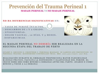 N O H A D I F E R E N C I A S S I G N I F I C A T I V A S E N :
- T A S A S D E P E R I N É Í N T A C T O S .
- D E S G A R R O S D E 1 Y 2 G R A D O .
- E P I S I O T O M Í A S .
- D O L O R V A G I N A L , 1 0 D Í A S , Y 3 M E S E S .
- D I S P A R E U M I A S .
E L M A S A J E P E R I N E A L N O D E B E R Í A S E R R E A L I Z A D A E N L A
S E G U N D A E T A P A D E L T R A B A J O D E P À R T O
( S T A M P G , K R U Z I N S G , C R O W T H E R C . P E R I N E A L M A S S A G E I N L A B O U R A N D P R E V E N T I O N O F
P E R I N E A L T R A U M A : R A N D O M I S E D C O N T R O L L E D T R I A L . B M J . 2 0 0 1 ; 3 2 2 ( 7 2 9 7 ) : 1 2 2 7 - 8 0 ) .
R E A L I Z A C I Ó N D U R A N T E E L E M B A R A Z O P R O P O R C I O N A M A Y O R F L E X I B I L I D A D
M . S U E L O P É L V I C O , F A C I L I T A L A D I S T E N S I Ó N Y E L A S T I C I D A D D E L P E R I N É . E L
I N I C I O D E B E S E R C O M O M Í N I M O 6 S E M A N A S A N T E S D E L P A R T O . ( D I A R I O O C O M O
M Í N I N O 3 V E C E S A L A S E M A N A )
Prevención del Trauma Perineal 1
MASAJE PERINEAL VS NO MASAJE PERINEAL
 