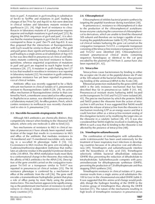 tions in parC. A mutation in gyrA resulting in substitution
of Ser-83 to Tyr/Phe and mutations in parC leading to
changes of Ser-79 to Tyr and Asp-83 to Asn were detected
in clinical isolates and laboratory mutants resistant to
sparﬂoxacin [23, 24]. High level of resistance to clina-
ﬂoxacin in laboratory mutants of S. pneumoniae requires
stepwise and multiple mutations in gyrA and parC [25]. By
aligning the DNA sequences of gyrA and parC, it is obvi-
ous that the mutation hotspots in gyrA (Ser-83 and Glu-88)
correspond to those in parC (Ser-79 and Asp-83). It was
thus proposed that the interactions of ﬂuoroquinolones
with GyrA would be similar to those with ParC. The gyrB
and parE genes share signiﬁcant homology. A mutation in
parE leading to a single amino acid substitution of Asp-435
to Asn was described in pneumococcal clinical and labo-
ratory mutants conferring low-level resistance to ﬂuoro-
quinolone, whereas sequential acquisitions of mutations
in parE and gyrA are required to reach higher levels of
resistance [26, 27]. A mutation in gyrB changing Ser-127
to Leu that resulted in novobiocin resistance was reported
in laboratory mutants [22]. No mutation in gyrB conferring
quinolone resistance has yet been reported in pneumo-
coccal clinical isolates.
Antibiotic efflux was recently suggested to be a likely
relevant mechanism in clinical isolates of S. pneumoniae
resistant to ﬂuoroquinolones (table I) [28, 29]. An active
efflux mechanism of ﬂuoroquinolones similar to that con-
ferred by NorA, a membrane-associated active efflux pump
in Staphylococus aureus, was identiﬁed in a pneumococ-
cal laboratory mutant [30]. An efflux protein, PmrA, which
confers resistance to norﬂoxacin was recently character-
ized in vitro in S. pneumoniae [31].
2.3. Macrolide-lincosamide-streptogramins (MLS)
Although MLS antibiotics are chemically distinct, they
competitively interact when binding to the ribosomal 50S
subunit, where only one molecule is able to bind [32].
Two mechanisms of resistance to MLS in clinical iso-
lates of pneumococci have already been reported: modi-
ﬁcation of the target that results in co-resistance to MLS
and efflux of the antibiotic that mediates resistance to
14-membered and 15-membered macrolides only result-
ing in a so-called M phenotype (table I) [18, 33].
Co-resistance to MLS involves the gene erm encoding an
S-adenosylmethionine-dependent methylase that methy-
lates an adenine residue in the peptidyl transferase domain
of the 23S rRNA. The rRNA methylation leads most likely
to a conformational change in the ribosome, thus reducing
the affinity of MLS antibiotics for the rRNA [34]. Descrip-
tion of the gene ermAM carried on the conjugative trans-
poson Tn1545 or a transposon similar to Tn917 was
reported in pneumococcal clinical isolates [35]. The M
resistance phenotype is conferred by a mechanism of
efflux of the antibiotic from the cell [36]. The gene mefE
encodes a transmembrane hydrophobic protein that plays
a role of efflux pump by most likely using the proton
motive force. This mechanism appears to be rapidly emerg-
ing as the predominant mechanism of resistance to eryth-
romycin in clinical isolates of pneumococci isolated in
many countries [37].
2.4. Chloramphenicol
Chloramphenicol inhibits bacterial protein synthesis by
targeting the peptidyl transferase during translation [38].
In pneumococci, resistance to chloramphenicol is due
to the production of the chloramphenicol acetyltrans-
ferase enzyme catalyzing the conversion of chlorampheni-
col to derivatives, which are unable to bind the ribosomal
50S subunit and therefore are no longer capable of inac-
tivating the peptidyltransferase (table I) [39]. Pneumococ-
cal clinical isolates harboring the gene cat carried on the
conjugative transposon Tn5253, a composite transposon
consisting of the tetracycline resistance transposon Tn5251
and Tn5252 were identiﬁed [40]. Chloramphenicol-
resistant pneumococcal clinical strains containing
sequences homologous or identical to the cat gene
encoded by the plasmid pC194 from S. aureus have also
been reported [41, 42].
2.5. Tetracycline
Tetracyclines cause bacteriostasis by binding to either
the acceptor site (A-site) or the peptidyl-donor site (P-site)
of the 30S subunit of the bacterial ribosome, thus prevent-
ing binding of the aminoacyl-tRNA to the A-site [38].
Ribosomal protection mediated by the genes tet(M) and
tet(O) is the only resistance mechanism that has been
described thus far in pneumococcus (table I) [43, 44].
Pneumococcal resistant strains harboring tet(M) located
on the transposons Tn1545 and Tn5251 were isolated [40,
45]. The precise mechanism by which the proteins Tet(M)
and Tet(O) protect the ribosome from the action of tetra-
cycline is still unclear. It was suggested that Tet(M) would
promote the release of tetracycline from the ribosome in a
mechanism involving GTP as an energy source and that it
could function either as a tetracycline-resistant analog of
this elongation factor(s) or by modifying the target sites on
the ribosome in a catalytic fashion [46, 47]. It was also
considered that Tet(M) might be involved in modifying the
tRNA in such a way that its binding to the ribosome is not
affected by the presence of tetracycline [48].
2.6. Trimethoprim-sulfamethoxazole
The combination of trimethoprim with sulfamethox-
azole (cotrimoxazole) has been used extensively for the
treatment of lower respiratory tract infections in develop-
ing countries because of its attractive cost and effective-
ness [49]. Trimethoprim and sulfamethoxazole interfere
with the biosynthesis of folic acid [50]. Trimethoprim
selectively inhibits bacterial dihydrofolate reductase
(DHFR) thus preventing the reduction of dihydrofolate to
tetrahydrofolate. Sulfamethoxazole competes with para-
aminobenzoate for dihydropteroate synthetase (DHPS),
preventing the production of 7,8-dihydropteroate and thus
stopping DNA synthesis [50].
Trimethoprim resistance in clinical isolates of S. pneu-
moniae results from a single amino acid substitution (Ile-
100 to Leu) in the chromosomal-encoded DHFR (table I).
It was suggested that this amino acid change would prob-
ably disrupt the hydrogen bonding of the DHFR to the
4-amino group of trimethoprim thus altering the DHFR
function [51]. The nature of the mechanisms resulting in
high levels of trimethoprim resistance in pneumococcus
Antibiotic resistance and tolerance in S. pneumoniae Review
Microbes and Infection
2000, 1855-0
1857
 