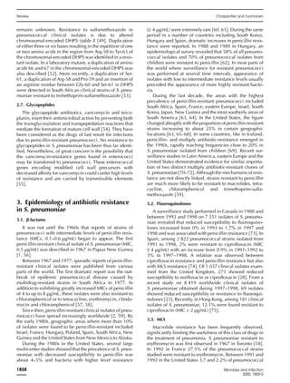remains unknown. Resistance to sulfamethoxazole in
pneumococcal clinical isolates is due to altered
chromosomal-encoded DHPS (table I) [49]. Duplication
of either three or six bases resulting in the repetition of one
or two amino acids in the region from Arg-58 to Tyr-63 of
the chromosomal-encoded DHPS was identiﬁed in a resis-
tant isolate. In a laboratory mutant, a duplication of amino
acids 66 and 67 in the chromosomal-encoded DHPS was
also described [52]. More recently, a duplication of Ser-
61, a duplication of Arg-58 and Pro-59 and an insertion of
an arginine residue between Gly-60 and Ser-61 in DHPS
were detected in South African clinical strains of S. pneu-
moniae resistant to trimethoprim-sulfamethoxazole [53].
2.7. Glycopeptides
The glycopeptide antibiotics, vancomycin and teico-
planin, exert their antimicrobial action by preventing both
the transglycosylation and transpeptidation reactions that
mediate the formation of mature cell wall [54]. They have
been considered as the drugs of last resort for infections
due to penicillin-resistant pneumococci. No resistance to
glycopeptides in S. pneumoniae has been thus far identi-
ﬁed. Nevertheless, of great concern is the possibility that
the vancomycin-resistance genes found in enterococci
may be transferred to pneumococci. These enterococcal
genes encoding modiﬁed cell wall precursors with
decreased affinity for vancomycin could confer high levels
of resistance and are carried by transmissible elements
[55].
3. Epidemiology of antibiotic resistance
in S. pneumoniae
3.1. β-lactams
It was not until the 1960s that reports of strains of
pneumococci with intermediate levels of penicillin resis-
tance (MICs, 0.1–0.6 µg/mL) began to appear. The ﬁrst
penicillin-resistant clinical isolate of S. pneumoniae (MIC,
0.5 µg/mL) was described in 1967 in Papua New Guinea
[1, 56].
Between 1967 and 1977, sporadic reports of penicillin-
resistant clinical isolates were published from various
parts of the world. The ﬁrst dramatic report was the out-
break of epidemic pneumococcal disease caused by
multidrug-resistant strains in South Africa in 1977. In
addition to exhibiting greatly increased MICs of penicillin
of 4 to up to 8 µg/mL, these isolates were also resistant to
chloramphenicol or to tetracycline, erythromycin, clinda-
mycin and chloramphenicol [57, 58].
Since then, penicillin-resistant clinical isolates of pneu-
mococci have spread increasingly worldwide [2, 59]. By
the early 1980s, geographic areas where more than 10%
of isolates were found to be penicillin-resistant included
Israel, France, Hungary, Poland, Spain, South Africa, New
Guinea and the United States from New Mexico to Alaska.
During the 1980s in the United States, several large
multicenter studies showed that the prevalence of S. pneu-
moniae with decreased susceptibility to penicillin was
about 4–5% and bacteria with higher level resistance
(≥ 4 µg/mL) were extremely rare [60, 61]. During the same
period in a number of countries including South Korea,
Hungary and Spain, dramatic increases in penicillin resis-
tance were reported. In 1988 and 1989 in Hungary, an
epidemiological survey revealed that 58% of all pneumo-
coccal isolates and 70% of pneumococcal isolates from
children were resistant to penicillin [62]. In most parts of
the world where surveillance for resistant pneumococci
was performed at several time intervals, appearance of
isolates with low to intermediate resistance levels usually
preceded the appearance of more highly resistant bacte-
ria.
During the last decade, the areas with the highest
prevalence of penicillin-resistant pneumococci included
South Africa, Spain, France, eastern Europe, Israel, South
Korea, Japan, New Guinea and the most southerly areas of
South America [63, 64]. In the United States, the ﬁgure
changed abruptly with the proportion of penicillin-resistant
strains increasing to about 25% in certain geographic
locations [63, 65–68]. In some countries, like in Iceland,
penicillin- and multiply antibiotic-resistance emerged in
the 1990s, rapidly reaching frequencies close to 20% in
S. pneumoniae isolated from children [69]. Recent sur-
veillance studies in Latin America, eastern Europe and the
United States demonstrated evidence for similar importa-
tion of two distinct multiply antibiotic-resistant clones of
S. pneumoniae [70–72]. Although the mechanisms of resis-
tance are not directly linked, strains resistant to penicillin
are much more likely to be resistant to macrolides, tetra-
cycline, chloramphenicol and trimethoprim-sulfa-
methoxazole [59].
3.2. Fluoroquinolones
A surveillance study performed in Canada in 1988 and
between 1993 and 1998 on 7 551 isolates of S. pneumo-
niae revealed that reduced susceptibility to ﬂuoroquino-
lones increased from 0% in 1993 to 1.7% in 1997 and
1998 and was associated with penicillin resistance [73]. In
Spain, among 2 822 pneumococcal strains isolated from
1991 to 1998, 2% were resistant to ciproﬂoxacin (MIC
≥ 4 µg/mL) with an increase from 0.9% in 1991–1992 to
3% in 1997–1998. A relation was observed between
ciproﬂoxacin resistance and penicillin resistance but also
with MLS resistance [74]. Of 1 037 clinical isolates exam-
ined from the United Kingdom, 273 showed reduced
susceptibility to norﬂoxacin or ciproﬂoxacin [28]. From a
recent study on 8 419 worldwide clinical isolates of
S. pneumoniae obtained during 1997–1998, 69 isolates
showed reduced susceptibility or resistance to ﬂuoroqui-
nolones [23]. Recently, in Hong Kong, among 181 clinical
isolates of S. pneumoniae, 12.1% were found resistant to
ciproﬂoxacin (MIC > 2 µg/mL) [75].
3.3. MLS
Macrolide resistance has been frequently observed,
signiﬁcantly limiting the usefulness of this class of drugs in
the treatment of pneumonia. S. pneumoniae resistant to
erythromycin was ﬁrst observed in 1967 in Toronto [18].
In 1992 in France 27.5% of the pneumococcal strains
studied were resistant to erythromycin. Between 1991 and
1992 in the United States 3.7 and 2.2% of pneumococcal
Review Charpentier and Tuomanen
1858 Microbes and Infection
2000, 1855-0
 