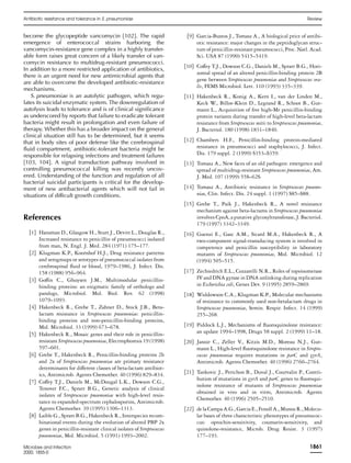 become the glycopeptide vancomycin [102]. The rapid
emergence of enterococcal strains harboring the
vancomycin-resistance gene complex in a highly transfer-
able form raises great concern of a likely transfer of van-
comycin resistance to multidrug-resistant pneumococci.
In addition to a more restricted application of antibiotics,
there is an urgent need for new antimicrobial agents that
are able to overcome the developed antibiotic-resistance
mechanisms.
S. pneumoniae is an autolytic pathogen, which regu-
lates its suicidal enzymatic system. The downregulation of
autolysis leads to tolerance and is of clinical signiﬁcance
as underscored by reports that failure to eradicate tolerant
bacteria might result in prolongation and even failure of
therapy. Whether this has a broader impact on the general
clinical situation still has to be determined, but it seems
that in body sites of poor defense like the cerebrospinal
ﬂuid compartment, antibiotic-tolerant bacteria might be
responsible for relapsing infections and treatment failures
[103, 104]. A signal transduction pathway involved in
controlling pneumococcal killing was recently uncov-
ered. Understanding of the function and regulation of all
bacterial suicidal participants is critical for the develop-
ment of new antibacterial agents which will not fail in
situations of difficult growth conditions.
References
[1] Hansman D., Glasgow H., Sturt J., Devitt L., Douglas R.,
Increased resistance to penicillin of pneumococci isolated
from man, N. Engl. J. Med. 284 (1971) 175–177.
[2] Klugman K.P., Koornhof H.J., Drug resistance patterns
and serogroups or serotypes of pneumococcal isolates from
cerebrospinal ﬂuid or blood, 1979–1986, J. Infect. Dis.
158 (1988) 956–964.
[3] Goffin C., Ghuysen J.M., Multimodular penicillin-
binding proteins: an enigmatic family of orthologs and
paralogs, Microbiol. Mol. Biol. Rev. 62 (1998)
1079–1093.
[4] Hakenbeck R., Grebe T., Zahner D., Stock J.B., Beta-
lactam resistance in Streptococcus pneumoniae: penicillin-
binding proteins and non-penicillin-binding proteins,
Mol. Microbiol. 33 (1999) 673–678.
[5] Hakenbeck R., Mosaic genes and their role in penicillin-
resistant Streptococcus pneumoniae, Electrophoresis 19 (1998)
597–601.
[6] Grebe T., Hakenbeck R., Penicillin-binding proteins 2b
and 2x of Streptococcus pneumoniae are primary resistance
determinants for different classes of beta-lactam antibiot-
ics, Antimicrob. Agents Chemother. 40 (1996) 829–834.
[7] Coffey T.J., Daniels M., McDougal L.K., Dowson C.G.,
Tenover F.C., Spratt B.G., Genetic analysis of clinical
isolates of Streptococcus pneumoniae with high-level resis-
tance to expanded-spectrum cephalosporins, Antimicrob.
Agents Chemother. 39 (1995) 1306–1313.
[8] Laible G., Spratt B.G., Hakenbeck R., Interspecies recom-
binational events during the evolution of altered PBP 2x
genes in penicillin-resistant clinical isolates of Streptococcus
pneumoniae, Mol. Microbiol. 5 (1991) 1993–2002.
[9] Garcia-Bustos J., Tomasz A., A biological price of antibi-
otic resistance: major changes in the peptidoglycan struc-
tureofpenicillin-resistantpneumococci,Proc.Natl.Acad.
Sci. USA 87 (1990) 5415–5419.
[10] Coffey T.J., Dowson C.G., Daniels M., Spratt B.G., Hori-
zontal spread of an altered penicillin-binding protein 2B
gene between Streptococcus pneumoniae and Streptococcus ora-
lis, FEMS Microbiol. Lett. 110 (1993) 335–339.
[11] Hakenbeck R., Konig A., Kern I., van der Linden M.,
Keck W., Billot-Klein D., Legrand R., Schoot B., Gut-
mann L., Acquisition of ﬁve high-Mr penicillin-binding
protein variants during transfer of high-level beta-lactam
resistance from Streptococcus mitis to Streptococcus pneumoniae,
J. Bacteriol. 180 (1998) 1831–1840.
[12] Chambers H.F., Penicillin-binding protein-mediated
resistance in pneumococci and staphylococci, J. Infect.
Dis. 179 suppl. 2 (1999) S353–S359.
[13] Tomasz A., New faces of an old pathogen: emergence and
spread of multidrug-resistant Streptococcus pneumoniae, Am.
J. Med. 107 (1999) 55S–62S.
[14] Tomasz A., Antibiotic resistance in Streptococcus pneumo-
niae, Clin. Infect. Dis. 24 suppl. 1 (1997) S85–S88.
[15] Grebe T., Paik J., Hakenbeck R., A novel resistance
mechanism against beta-lactams in Streptococcus pneumoniae
involves CpoA, a putative glycosyltransferase, J. Bacteriol.
179 (1997) 3342–3349.
[16] Guenzi E., Gasc A.M., Sicard M.A., Hakenbeck R., A
two-component signal-transducing system is involved in
competence and penicillin susceptibility in laboratory
mutants of Streptococcus pneumoniae, Mol. Microbiol. 12
(1994) 505–515.
[17] Zechiedrich E.L., Cozzarelli N.R., Roles of topoisomerase
IV and DNA gyrase in DNA unlinking during replication
in Escherichia coli, Genes Dev. 9 (1995) 2859–2869.
[18] Widdowson C.A., Klugman K.P., Molecular mechanisms
of resistance to commonly used non-betalactam drugs in
Streptococcus pneumoniae, Semin. Respir. Infect. 14 (1999)
255–268.
[19] Piddock L.J., Mechanisms of ﬂuoroquinolone resistance:
an update 1994–1998, Drugs 58 suppl. 2 (1999) 11–18.
[20] Janoir C., Zeller V., Kitzis M.D., Moreau N.J., Gut-
mann L., High-level ﬂuoroquinolone resistance in Strepto-
coccus pneumoniae requires mutations in parC and gyrA,
Antimicrob. Agents Chemother. 40 (1996) 2760–2764.
[21] Tankovic J., Perichon B., Duval J., Courvalin P., Contri-
bution of mutations in gyrA and parC genes to ﬂuoroqui-
nolone resistance of mutants of Streptococcus pneumoniae
obtained in vivo and in vitro, Antimicrob. Agents
Chemother. 40 (1996) 2505–2510.
[22] delaCampaA.G.,GarciaE.,FenollA.,MunozR.,Molecu-
lar bases of three characteristic phenotypes of pneumococ-
cus: optochin-sensitivity, coumarin-sensitivity, and
quinolone-resistance, Microb. Drug Resist. 3 (1997)
177–193.
Antibiotic resistance and tolerance in S. pneumoniae Review
Microbes and Infection
2000, 1855-0
1861
 