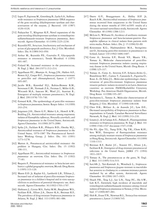 [52] Lopez P., Espinosa M., Greenberg B., Lacks S.A., Sulfona-
mide resistance in Streptococcus pneumoniae: DNA sequence
of the gene encoding dihydropteroate synthase and char-
acterization of the enzyme, J. Bacteriol. 169 (1987)
4320–4326.
[53] Padayachee T., Klugman K.P., Novel expansions of the
gene encoding dihydropteroate synthase in trimethoprim-
sulfamethoxazole-resistant Streptococcus pneumoniae, Anti-
microb. Agents Chemother. 43 (1999) 2225–2230.
[54] Reynolds P.E., Structure, biochemistry and mechanism of
action of glycopeptide antibiotics, Eur. J. Clin. Microbiol.
Infect. Dis. 8 (1989) 943–950.
[55] Arthur M., Reynolds P.E., Courvalin P., Glycopeptide
resistance in enterococci, Trends Microbiol. 4 (1996)
401–407.
[56] Finland M., Increased resistance in the pneumococcus,
N. Engl. J. Med. 284 (1971) 212–214.
[57] Appelbaum P.C., Bhamjee A., Scragg J.N., Hallett A.F.,
Bowen A.J., Cooper R.C., Streptococcus pneumoniae resistant
to penicillin and chloramphenicol, Lancet 2 (1977)
995–997.
[58] Jacobs M.R., Koornhof H.J., Robins-Browne R.M.,
Stevenson C.M., Vermaak Z.A., Freiman I., Miller G.B.,
Witcomb M.A., Isaacson M., Ward J.I., Austrian R.,
Emergence of multiply resistant pneumococci, N. Engl.
J. Med. 299 (1978) 735–740.
[59] Forward K.R., The epidemiology of penicillin resistance
in Streptococcus pneumoniae, Semin. Respir. Infect. 14 (1999)
243–254.
[60] Jorgensen J.H., Doern G.V., Maher L.A., Howell A.W.,
Redding J.S., Antimicrobial resistance among respiratory
isolates of Haemophilus inﬂuenzae, Moraxella catarrhalis, and
Streptococcus pneumoniae in the United States, Antimicrob.
Agents Chemother. 34 (1990) 2075–2080.
[61] Spika J.S., Facklam R.R., Plikaytis B.D., Oxtoby M.J.,
Antimicrobial resistance of Streptococcus pneumoniae in the
United States, 1979–1987 The Pneumococcal Surveil-
lance Working Group, J. Infect. Dis. 163 (1991)
1273–1278.
[62] Marton A., Pneumococcal antimicrobial resistance: the
problem in Hungary, Clin. Infect. Dis. 15 (1992)
106–111.
[63] Appelbaum P.C., Antimicrobial resistance in Streptococcus
pneumoniae: an overview, Clin. Infect. Dis. 15 (1992)
77–83.
[64] Baquero F., Pneumococcal resistance to beta-lactam anti-
biotics:aglobalgeographicoverview,Microb.DrugResist.
1 (1995) 115–120.
[65] Mason E.O. Jr, Kaplan S.L., Lamberth L.B., Tillman J.,
Increased rate of isolation of penicillin-resistant Streptococ-
cus pneumoniae in a children’s hospital and in vitro suscep-
tibilities to antibiotics of potential therapeutic use, Anti-
microb. Agents Chemother. 36 (1992) 1703–1707.
[66] Hofmann J., Cetron M.S., Farley M.M., Baughman W.S.,
Facklam R.R., Elliott J.A., Deaver K.A., Breiman R.F.,
The prevalence of drug-resistant Streptococcus pneumoniae in
Atlanta, N. Engl. J. Med. 333 (1995) 481–486.
[67] Doern G.V., Brueggemann A., Holley H.P. Jr,
Rauch A.M., Antimicrobial resistance of Streptococcus pneu-
moniae recovered from outpatients in the United States
during the winter months of 1994 to1995: results of a
30-center national surveillance study, Antimicrob. Agents
Chemother. 40 (1996) 1208–1213.
[68] McLinn S., Williams D., Incidence of antibiotic-resistant
Streptococcus pneumoniae and beta-lactamase-positive Hae-
mophilus inﬂuenzae in clinical isolates from patients with
otitis media, Pediatr. Infect. Dis. J. 15 (1996) S3–S9.
[69] Kristinsson K.G., Hjalmarsdottir M.A., Steingrims-
son O., Increasing penicillin resistance in pneumococci in
Iceland, Lancet 339 (1992) 1606–1607.
[70] Corso A., Severina E.P., Petruk V.F., Mauriz Y.R.,
Tomasz A., Molecular characterization of penicillin-
resistant Streptococcus pneumoniae isolates causing respira-
tory disease in the United States, Microb. Drug Resist. 4
(1998) 325–337.
[71] Tomasz A., Corso A., Severina E.P., Echaniz-Aviles G.,
Brandileone M.C., Camou T., Castaneda E., Figueroa O.,
Rossi A., Di Fabio J.L., Molecular epidemiologic charac-
terization of penicillin-resistant Streptococcus pneumoniae
invasive pediatric isolates recovered in six Latin-American
countries: an overview. PAHO/Rockefeller University
Workshop. Pan American Health Organization, Microb.
Drug Resist. 4 (1998) 195–207.
[72] Setchanova L., Tomasz A., Molecular characterization of
penicillin-resistant Streptococcus pneumoniae isolates from
Bulgaria, J. Clin. Microbiol. 37 (1999) 638–648.
[73] Chen D.K., McGeer A., de Azavedo J.C., Low D.E.,
Decreased susceptibility of Streptococcus pneumoniae to ﬂuo-
roquinolones in Canada. Canadian Bacterial Surveillance
Network, N. Engl. J. Med. 341 (1999) 233–239.
[74] Linares J., de la Campa A.G., Pallares E., Fluoroquinolone
resistance in Streptococcus pneumoniae, N. Engl. J. Med. 341
(1999) 1546–1547 discussion 1547–1548.
[75] Ho P.L., Que T.L., Tsang D.N., Ng T.K., Chow K.H.,
Seto W.H., Emergence of ﬂuoroquinolone resistance
among multiply resistant strains of Streptococcus pneumoniae
inHongKong,Antimicrob.AgentsChemother.43(1999)
1310–1313.
[76] Breiman R.F., Butler J.C., Tenover F.C., Elliott J.A.,
Facklam R.R., Emergence of drug-resistant pneumococcal
infections in the United States, JAMA 271 (1994)
1831–1835.
[77] Tomasz A., The pneumococcus at the gates, N. Engl.
J. Med. 333 (1995) 514–515.
[78] Sutcliffe J., Tait-Kamradt A., Wondrack L., Streptococcus
pneumoniae and Streptococcus pyogenes resistant to macrolides
but sensitive to clindamycin: a common resistance pattern
mediated by an efflux system, Antimicrob. Agents
Chemother. 40 (1996) 1817–1824.
[79] Hsueh P.R., Teng L.J., Lee L.N., Yang P.C., Ho S.W.,
Luh K.T., Extremely high incidence of macrolide and
trimethoprim-sulfamethoxazole resistance among clinical
isolates of Streptococcus pneumoniae in Taiwan, J. Clin. Micro-
biol. 37 (1999) 897–901.
[80] Holt R., Evans T.N., Newman R.L., Tetracycline-resistant
pneumococci, Lancet 2 (1969) 545.
Antibiotic resistance and tolerance in S. pneumoniae Review
Microbes and Infection
2000, 1855-0
1863
 