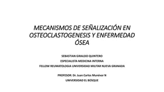 MECANISMOS DE SEÑALIZACIÓN EN
OSTEOCLASTOGENESIS Y ENFERMEDAD
ÓSEA
SEBASTIAN GIRALDO QUINTERO
ESPECIALISTA MEDICINA INTERNA
FELLOW REUMATOLOGIA UNIVERSIDAD MILITAR NUEVA GRANADA
PROFESOR: Dr. Juan Carlos Munévar N
UNIVERSIDAD EL BOSQUE
 