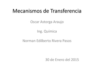 Mecanismos de Transferencia
Oscar Astorga Araujo
Ing. Química
Norman Edilberto Rivera Pasos
30 de Enero del 2015
 