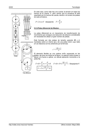 22/22                                                                                          Tecnología

                                      En este caso, como sólo hay una cuerda, la tensión en todos los
                                      tramos es la misma: F, pero vemos que la armadura B está
                                      soportado por 2n tramos de cuerda, siendo n el número de poleas
                                      de cada armadura.

                                                                             P
                                        P=2∗n∗F despejando: F =                n
                                                                             2

                                      5.3.3.Polea diferencial de Weston.


                                      La polea diferencial es un mecanismo de transformación de
                                      movimiento que consigue una reducción de esfuerzo considerable
                                      sin necesidad de utilizar un gran número de poleas.

                                      Está formada por dos poleas de tamaño parecido (R y r)
                                      montadas sobre un mismo eje y de una polea móvil, cuyo radio
                                      (r’) se relaciona con los anteriores por la fórmula:

                                                                          Rr 
                                                                  r '=
                                                                            2
                                      El elemento flexible es una cadena sinfín engranada en las
                                      poleas, tal como se indica en la figura. La relación entre el peso a
                                      elevar y la fuerza a aplicar, se calcula aplicando momentos a la
                                      polea fija.

                                            P   P                                   R−r 
                                        F∗R ∗r= ∗R                F∗R=P∗                  Despejando F:
                                            2   2                                     2
                                                      R−r 
                                           F = P∗           R
                                                        2




http://roble.cnice.mecd.es/~lventeo                                            Última revisión: Mayo 2002
 
