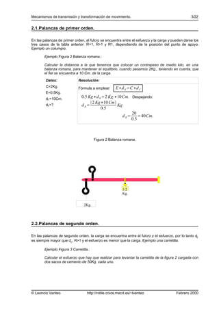 Mecanismos de transmisión y transformación de movimiento.                                          3/22


2.1.Palancas de primer orden.

En las palancas de primer orden, el fulcro se encuentra entre el esfuerzo y la carga y pueden darse los
tres casos de la tabla anterior: R=1, R>1 y R1, dependiendo de la posición del punto de apoyo.
Ejemplo un columpio.

        Ejemplo Figura 2 Balanza romana.:

        Calcular la distancia a la que tenemos que colocar un contrapeso de medio kilo, en una
        balanza romana, para mantener el equilibrio, cuando pesamos 2Kg., teniendo en cuenta, que
        el fiel se encuentra a 10 Cm. de la carga.
        Datos:               Resolución:
        C=2Kg.               Fórmula a emplear:     E∗d E =C∗d C
        E=0.5Kg.
        dC=10Cm.
                               0.5 Kg∗d E =2 Kg.∗10 Cm. Despejando:
                                    2 Kg∗10 Cm
        dE=?                   d E=              Kg
                                         0.5
                                                         20
                                                    d E = =40 Cm.
                                                         0.5



                                        Figura 2 Balanza romana.




                                                        1/2
                                                        Kg.


                                 2Kg.




2.2.Palancas de segundo orden.

En las palancas de segundo orden, la carga se encuentra entre el fulcro y el esfuerzo, por lo tanto dE
es siempre mayor que dC, R>1 y el esfuerzo es menor que la carga. Ejemplo una carretilla.

        Ejemplo Figura 3 Carretilla.:

        Calcular el esfuerzo que hay que realizar para levantar la carretilla de la figura 2 cargada con
        dos sacos de cemento de 50Kg. cada uno.




© Leoncio Venteo                   http://roble.cnice.mecd.es/~lventeo                    Febrero 2000
 