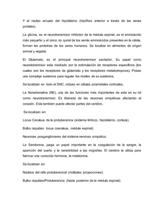 Y el núcleo arcuato del hipotálamo (hipófisis anterior a través de las venas
portales).
La glicina, es el neurotransmisor inhibidor de la médula espinal, es el aminoácido
más pequeño y el único no quiral de los veinte aminoácidos presentes en la célula,
forman las proteínas de los seres humanos. Se localiza en alimentos de origen
animal y vegetal.
El Glutamato, es el principal neurotransmisor excitador, Su papel como
neurotransmisor esta mediado por la estimulación de receptores específicos (los
cuales son los receptores de glutamato y los receptores metabotropicos), Posee
una compleja sustancia para regular los niveles de su sustancia.
Se localizan en todo el SNC, incluso en células piramidales corticales.
La Noradrenalina (NE), una de las funciones más importantes de esta es su rol
como neurotransmisor. Es liberada de las neuronas simpáticas afectando el
corazón. Esta también puede afectar partes del cerebro.
Se localizan en:
Locus Ceruleus de la protuberancia (sistema límbico, hipotálamo, corteza).
Bulbo raquídeo locus coeruleus, médula espinal)
Neuronas posganglionares del sistema nervioso simpático.
La Serotonina, juega un papel importante en la coagulación de la sangre, la
aparición del sueño y la sensibilidad a las migrañas. El cerebro la utiliza para
fabricar una conocida hormona, la melatonina.
Se localizan en:
Núcleos del rafe protuberancial (múltiples proyecciones).
Bulbo raquídeo/Protuberancia (hasta posterior de la médula espinal).
 