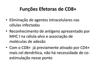 Funções Efetoras de CD8+
• Eliminação de agentes intracelulares nas
células infectadas
• Reconhecimento de antígeno apresentado por
MHC I na célula-alvo e associação de
moléculas de adesão
• Com o CD8+ já previamente ativado por CD4+
mais cel dendrítica, não há necessidade de coestimulação nesse ponto

 