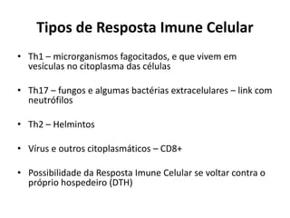 Tipos de Resposta Imune Celular
• Th1 – microrganismos fagocitados, e que vivem em
vesículas no citoplasma das células
• Th17 – fungos e algumas bactérias extracelulares – link com
neutrófilos
• Th2 – Helmintos
• Vírus e outros citoplasmáticos – CD8+
• Possibilidade da Resposta Imune Celular se voltar contra o
próprio hospedeiro (DTH)

 