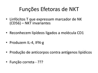 Funções Efetoras de NKT
• Linfócitos T que expressam marcador de NK
(CD56) – NKT invariantes
• Reconhecem lipídeos ligados a molécula CD1
• Produzem IL-4, IFN-g
• Produção de anticorpos contra antígenos lipídicos
• Função correta - ???

 