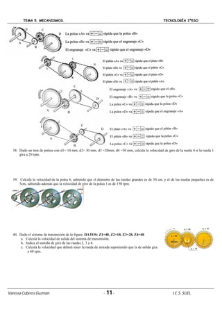 TEMA 5. MECANISMOS. TECNOLOGÍA 3ºESO
Vanessa Cuberos Guzmán - 11- I.E.S. SUEL
38. Dado un tren de poleas con d1= 10 mm, d2= 30 mm, d3 =20mm, d4 =50 mm, calcula la velocidad de giro de la rueda 4 si la rueda 1
gira a 20 rpm.
39. Calcula la velocidad de la polea 6, sabiendo que el diámetro de las ruedas grandes es de 30 cm, y el de las ruedas pequeñas es de
5cm, sabiendo además que la velocidad de giro de la polea 1 es de 150 rpm.
40. Dado el sistema de transmisión de la figura: DATOS: Z1=40, Z2=10, Z3=20, Z4=40
a. Calcula la velocidad de salida del sistema de transmisión.
b. Indica el sentido de giro de las ruedas 2, 3 y 4.
c. Calcula la velocidad que deberá tener la rueda de entrada suponiendo que la de salida gira
a 60 rpm.
 