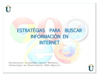 ESTRATÉGIAS PARA BUSCAR
           INFORMACIÓN EN
               INTERNET



Estudiante: Alexander Castro Mendoza.
Tecnología en Electrónica CEAD Bquilla
 