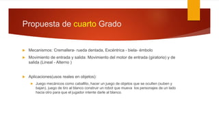 Propuesta de cuarto Grado
 Mecanismos: Cremallera- rueda dentada, Excéntrica - biela- émbolo
 Movimiento de entrada y salida: Movimiento del motor de entrada (giratorio) y de
salida (Lineal - Alterno )
 Aplicaciones(usos reales en objetos):
 Juego mecánicos como caballito, hacer un juego de objetos que se oculten (suben y
bajan), juego de tiro al blanco construir un robot que mueva los personajes de un lado
hacia otro para que el jugador intente darle al blanco.
 