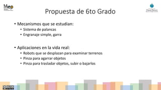Propuesta de 6to Grado
• Mecanismos que se estudian:
• Sistema de palancas
• Engranaje simple, garra
• Aplicaciones en la vida real:
• Robots que se desplazan para examinar terrenos
• Pinza para agarrar objetos
• Pinza para trasladar objetos, subir o bajarlos
 