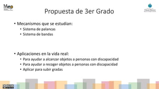 Propuesta de 3er Grado
• Mecanismos que se estudian:
• Sistema de palancas
• Sistema de bandas
• Aplicaciones en la vida real:
• Para ayudar a alcanzar objetos a personas con discapacidad
• Para ayudar a recoger objetos a personas con discapacidad
• Aplicar para subir gradas
 