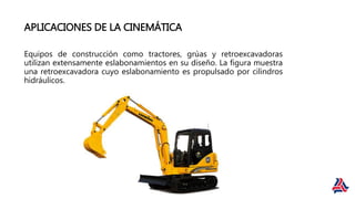 APLICACIONES DE LA CINEMÁTICA
Equipos de construcción como tractores, grúas y retroexcavadoras
utilizan extensamente eslabonamientos en su diseño. La figura muestra
una retroexcavadora cuyo eslabonamiento es propulsado por cilindros
hidráulicos.
 