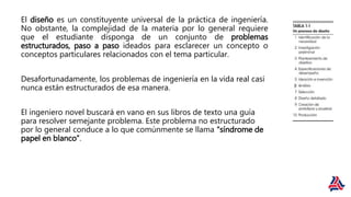 El diseño es un constituyente universal de la práctica de ingeniería.
No obstante, la complejidad de la materia por lo general requiere
que el estudiante disponga de un conjunto de problemas
estructurados, paso a paso ideados para esclarecer un concepto o
conceptos particulares relacionados con el tema particular.
Desafortunadamente, los problemas de ingeniería en la vida real casi
nunca están estructurados de esa manera.
El ingeniero novel buscará en vano en sus libros de texto una guía
para resolver semejante problema. Este problema no estructurado
por lo general conduce a lo que comúnmente se llama “síndrome de
papel en blanco”.
 