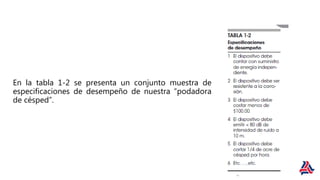 En la tabla 1-2 se presenta un conjunto muestra de
especificaciones de desempeño de nuestra “podadora
de césped”.
 