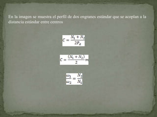 En la imagen se muestra el perfil de dos engranes estándar que se acoplan a la
distancia estándar entre centros
 
