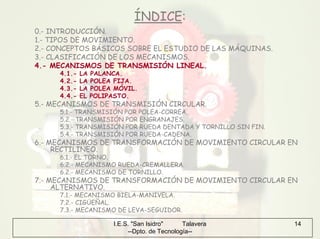I.E.S. "San Isidro" Talavera
--Dpto. de Tecnología--
14
ÍNDICE:
0.- INTRODUCCIÓN.
1.- TIPOS DE MOVIMIENTO.
2.- CONCEPTOS BÁSICOS SOBRE EL ESTUDIO DE LAS MÁQUINAS.
3.- CLASIFICACIÓN DE LOS MECANISMOS.
4.- MECANISMOS DE TRANSMISIÓN LINEAL.
4.1.- LA PALANCA.
4.2.- LA POLEA FIJA.
4.3.- LA POLEA MÓVIL.
4.4.- EL POLIPASTO.
5.- MECANISMOS DE TRANSMISIÓN CIRCULAR.
5.1.- TRANSMISIÓN POR POLEA-CORREA.
5.2.- TRANSMISIÓN POR ENGRANAJES.
5.3.- TRANSMISIÓN POR RUEDA DENTADA Y TORNILLO SIN FIN.
5.4.- TRANSMISIÓN POR RUEDA-CADENA.
6.- MECANISMOS DE TRANSFORMACIÓN DE MOVIMIENTO CIRCULAR EN
RECTILINEO.
6.1.- EL TORNO.
6.2.- MECANISMO RUEDA-CREMALLERA.
6.2.- MECANISMO DE TORNILLO.
7.- MECANISMOS DE TRANSFORMACIÓN DE MOVIMIENTO CIRCULAR EN
ALTERNATIVO.
7.1.- MECANISMO BIELA-MANIVELA.
7.2.- CIGÜEÑAL.
7.3.- MECANISMO DE LEVA-SEGUIDOR.
 