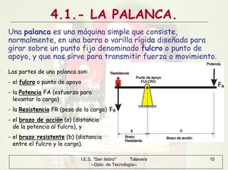 I.E.S. "San Isidro" Talavera
--Dpto. de Tecnología--
15
4.1.- LA PALANCA.
Una palanca es una máquina simple que consiste,
normalmente, en una barra o varilla rígida diseñada para
girar sobre un punto fijo denominado fulcro o punto de
apoyo, y que nos sirve para transmitir fuerza o movimiento.
Las partes de una palanca son:
- el fulcro o punto de apoyo
- la Potencia FA (esfuerzo para
levantar la carga)
- la Resistencia FR (peso de la carga)
- el brazo de acción (a) (distancia
de la potencia al fulcro), y
- el brazo resistente (b) (distancia
entre el fulcro y la carga).
 