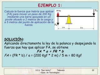 I.E.S. "San Isidro" Talavera
--Dpto. de Tecnología--
22
EJEMPLO 1:
Calcula la fuerza que habría que aplicar
(FA) para mover un peso de 200 Kg
mediante una barra apoyada en un
pivote situado a 2 metros de la carga y
a 5 metros del punto de aplicación de la
fuerza.
SOLUCIÓN:
Aplicando directamente la ley de la palanca y despejando la
fuerza que hay que aplicar FA, se obtiene
FA * a = FR * b
FA = (FR * b) / a = (200 Kgf * 2 m) / 5 m = 80 Kgf
 