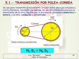 I.E.S. "San Isidro" Talavera
--Dpto. de Tecnología--
30
5.1.- TRANSMISIÓN POR POLEA-CORREA.
Se usa para transmitir el movimiento circular entre dos ejes situados a
cierta distancia, mediante una correa. De las dos poleas una provoca el
movimiento de la otra. Aquélla que lo provoca se denomina conductora o
motora, y la otra, conducida o arrastrada.
N1·D1 = N2·D2
 