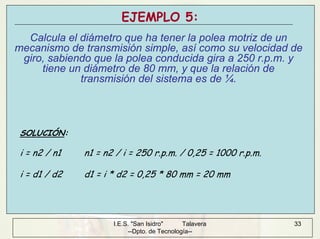 I.E.S. "San Isidro" Talavera
--Dpto. de Tecnología--
33
EJEMPLO 5:
Calcula el diámetro que ha tener la polea motriz de un
mecanismo de transmisión simple, así como su velocidad de
giro, sabiendo que la polea conducida gira a 250 r.p.m. y
tiene un diámetro de 80 mm, y que la relación de
transmisión del sistema es de ¼.
SOLUCIÓN:
i = n2 / n1 n1 = n2 / i = 250 r.p.m. / 0,25 = 1000 r.p.m.
i = d1 / d2 d1 = i * d2 = 0,25 * 80 mm = 20 mm
 