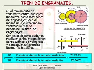 I.E.S. "San Isidro" Talavera
--Dpto. de Tecnología--
40
TREN DE ENGRANAJES.
• Si el movimiento se
transmite entre dos ejes
mediante dos o mas pares
de engranajes, con al
menos un eje intermedio,
tenemos lo que se
denomina un tren de
engranajes.
• Con este sistema podemos
realizar varias reducciones
consecutivas de velocidad,
y conseguir así grandes
desmultiplicaciones.
N2 Producto de dientes de las ruedas conductoras Z1.Z3.Z5. .....
i= = =
N1 Producto de dientes de las ruedas conducidas Z2.Z4.Z6. .....
 