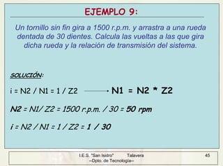 I.E.S. "San Isidro" Talavera
--Dpto. de Tecnología--
45
EJEMPLO 9:
Un tornillo sin fin gira a 1500 r.p.m. y arrastra a una rueda
dentada de 30 dientes. Calcula las vueltas a las que gira
dicha rueda y la relación de transmisión del sistema.
SOLUCIÓN:
i = N2 / N1 = 1 / Z2 N1 = N2 * Z2
N2 = N1/ Z2 = 1500 r.p.m. / 30 = 50 rpm
i = N2 / N1 = 1 / Z2 = 1 / 30
 