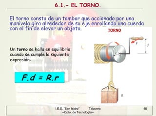 I.E.S. "San Isidro" Talavera
--Dpto. de Tecnología--
48
6.1.- EL TORNO.
El torno consta de un tambor que accionado por una
manivela gira alrededor de su eje enrollando una cuerda
con el fin de elevar un objeto.
Un torno se halla en equilibrio
cuando se cumple la siguiente
expresión:
F.d = R.r
 