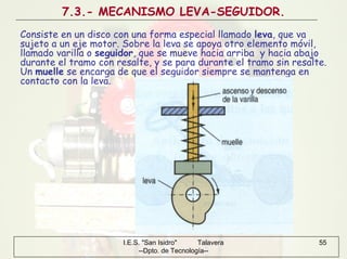 I.E.S. "San Isidro" Talavera
--Dpto. de Tecnología--
55
7.3.- MECANISMO LEVA-SEGUIDOR.
Consiste en un disco con una forma especial llamado leva, que va
sujeto a un eje motor. Sobre la leva se apoya otro elemento móvil,
llamado varilla o seguidor, que se mueve hacia arriba y hacia abajo
durante el tramo con resalte, y se para durante el tramo sin resalte.
Un muelle se encarga de que el seguidor siempre se mantenga en
contacto con la leva.
 