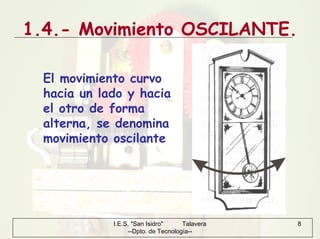I.E.S. "San Isidro" Talavera
--Dpto. de Tecnología--
8
1.4.- Movimiento OSCILANTE.
El movimiento curvo
hacia un lado y hacia
el otro de forma
alterna, se denomina
movimiento oscilante
 