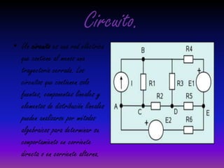 Circuito.Un circuito es una red eléctrica que contiene al menos una trayectoria cerrada. Los circuitos que contienen solo fuentes, componentes lineales y elementos de distribución lineales pueden analizarse por métodos algebraicos para determinar su comportamiento en corriente directa o en corriente alterna.