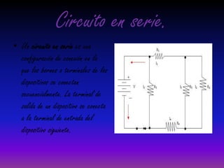 Circuito en serie.Un circuito en serie es una configuración de conexión en la que los bornes o terminales de los dispositivos se conectan secuencialmente. La terminal de salida de un dispositivo se conecta a la terminal de entrada del dispositivo siguiente.