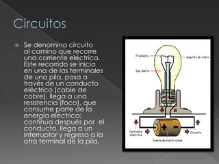 CircuitosSe denomina circuito al camino que recorre una corriente eléctrica. Este recorrido se inicia en una de las terminales de una pila, pasa a través de un conducto eléctrico (cable de cobre), llega a una resistencia (foco), que consume parte de la energía eléctrica; continúa después por  el conducto, llega a un interruptor y regresa a la otra terminal de la pila.