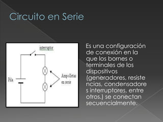 Circuito en Serie    Es una configuración de conexión en la que los bornes o terminales de los dispositivos (generadores, resistencias, condensadores interruptores, entre otros.) se conectan secuencialmente.