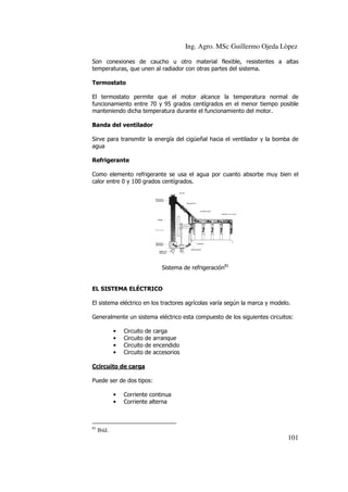 Ing. Agro. MSc Guillermo Ojeda Lòpez
Son conexiones de caucho u otro material flexible, resistentes a altas
caucho
temperaturas, que unen al radiador con otras partes del sistema.
Termostato
El termostato permite que el motor alcance la temperatura normal de
funcionamiento entre 70 y 95 grados centígrados en el menor ti
tiempo posible
manteniendo dicha temperatura durante el funcionamiento del motor.
Banda del ventilador
anda
Sirve para transmitir la energía del cigüeñal hacia el ventilador y la bomba de
agua
Refrigerante
Como elemento refrigerante se usa el agua por cuanto absorbe muy bien el
calor entre 0 y 100 grados centígrados.

Sistema de refrigeración81

EL SISTEMA ELÉCTRICO
El sistema eléctrico en los tractores agrícolas varía según la marca y modelo.
Generalmente un sistema eléctrico esta compuesto de los sigui
siguientes circuitos:
•
•
•
•

Circuito
Circuito
Circuito
Circuito

de
de
de
de

carga
arranque
encendido
accesorios

Ccircuito de carga
Puede ser de dos tipos:
•
•

81

Corriente continua
Corriente alterna

Ibíd.

101

 