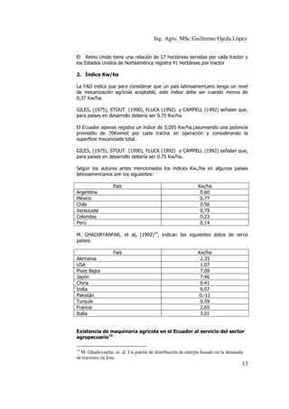Ing. Agro. MSc Guillermo Ojeda Lòpez
El Reino Unido tiene una relación de 17 hectáreas servidas por cada tractor y
los Estados Unidos de Norteamérica registra 41 hectáreas por tractor
2. Índice Kw/ha
La FAO indica que para considerar que un país latinoamericano tenga un nivel
de mecanización agrícola aceptable, este índice debe ser cuando menos de
0,37 Kw/ha.
GILES, (1975), STOUT (1990), FLUCK (1992) y CAMPELL (1992) señalan que,
para países en desarrollo debería ser 0.75 Kw/ha
El Ecuador apenas registra un índice de 0,095 Kw/ha.(asumiendo una potencia
promedio de 70Kwmot por cada tractor en operación y considerando la
superficie mecanizada total.
GILES, (1975), STOUT (1990), FLUCK (1992) y CAMPELL (1992) señalan que,
para países en desarrollo debería ser 0.75 Kw/ha.
Según los autores antes mencionados los índices Kw./ha en algunos países
latinoamericanos son los siguientes:
País
Argentina
México
Chile
Venezuela
Colombia
Perú

Kw/ha
0.60
0.77
0.56
0.79
0.23
0.14

M. GHADIRYANFAR, et al, (1992)14, indican los siguientes datos de otros
países:
País
Alemania
USA
Pises Bajos
Japón
China
India
Pakistán
Turquía
Francia
Italia

Kw/ha
2.35
1.07
7.09
7.46
0.41
0.07
0.-11
0.59
2.65
3.01

Existencia de maquinaria agrícola en el Ecuador al servicio del sector
agropecuario15
14

M. Ghadiryanfar, et, al. Un patròn de distribución de energìa basado en la demanda
de tractores en Iran.

13

 