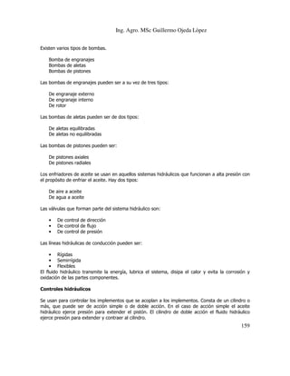 Ing. Agro. MSc Guillermo Ojeda Lòpez
Existen varios tipos de bombas.
Bomba de engranajes
Bombas de aletas
Bombas de pistones
Las bombas de engranajes pueden ser a su vez de tres tipos:
De engranaje externo
De engranaje interno
De rotor
Las bombas de aletas pueden ser de dos tipos:
De aletas equilibradas
De aletas no equilibradas
Las bombas de pistones pueden ser:
De pistones axiales
De pistones radiales
Los enfriadores de aceite se usan en aquellos sistemas hidráulicos que funcionan a alta presión con
el propósito de enfriar el aceite. Hay dos tipos:
De aire a aceite
De agua a aceite
Las válvulas que forman parte del sistema hidráulico son:
•
•
•

De control de dirección
De control de flujo
De control de presión

Las líneas hidráulicas de conducción pueden ser:
• Rígidas
• Semirrígida
• Flexibles
El fluido hidráulico transmite la energía, lubrica el sistema, disipa el calor y evita la corrosión y
oxidación de las partes componentes.
Controles hidráulicos
Se usan para controlar los implementos que se acoplan a los implementos. Consta de un cilindro o
más, que puede ser de acción simple o de doble acción. En el caso de acción simple el aceite
hidráulico ejerce presión para extender el pistón. El cilindro de doble acción el fluido hidráulico
ejerce presión para extender y contraer al cilindro.

159

 